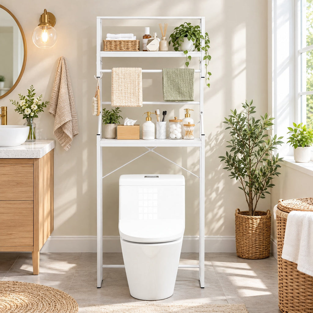 Airfind Over the Toilet Storage Rack 3-Tier Over Toilet Bathroom Organizer with Towel Holder, 110 lbs Capacity, Metal Engineered Wood Frame, White
