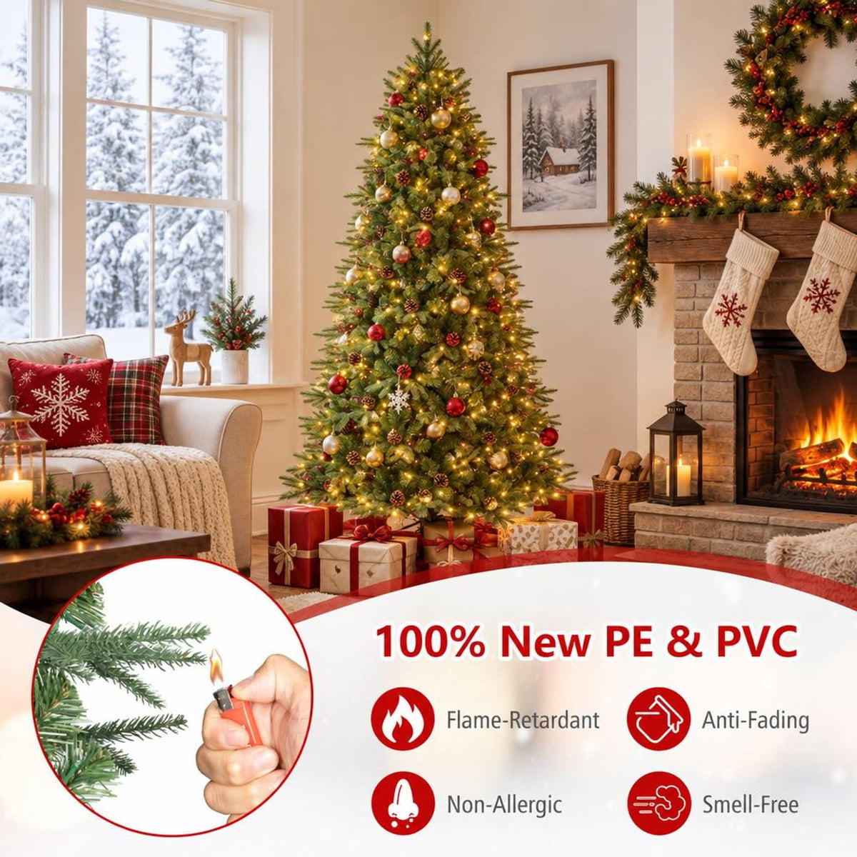 Airfind 7 ft Pre-Lit Artificial Christmas Tree with 460 Warm White LED Lights, 61 Pine Cones, 925 Branch Tips and Folding Metal Stand, Green