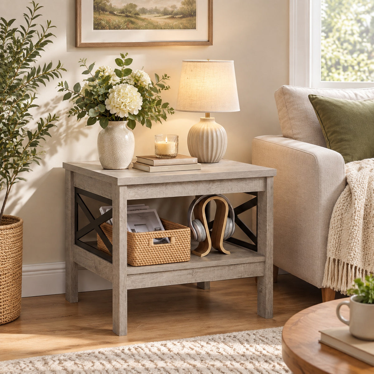 Airfind 2-Tier Square Side Table with Storage Shelf and X-Frame for Bedroom Living Room, 220 lbs Capacity, Engineered Wood MDF Frame, Brown
