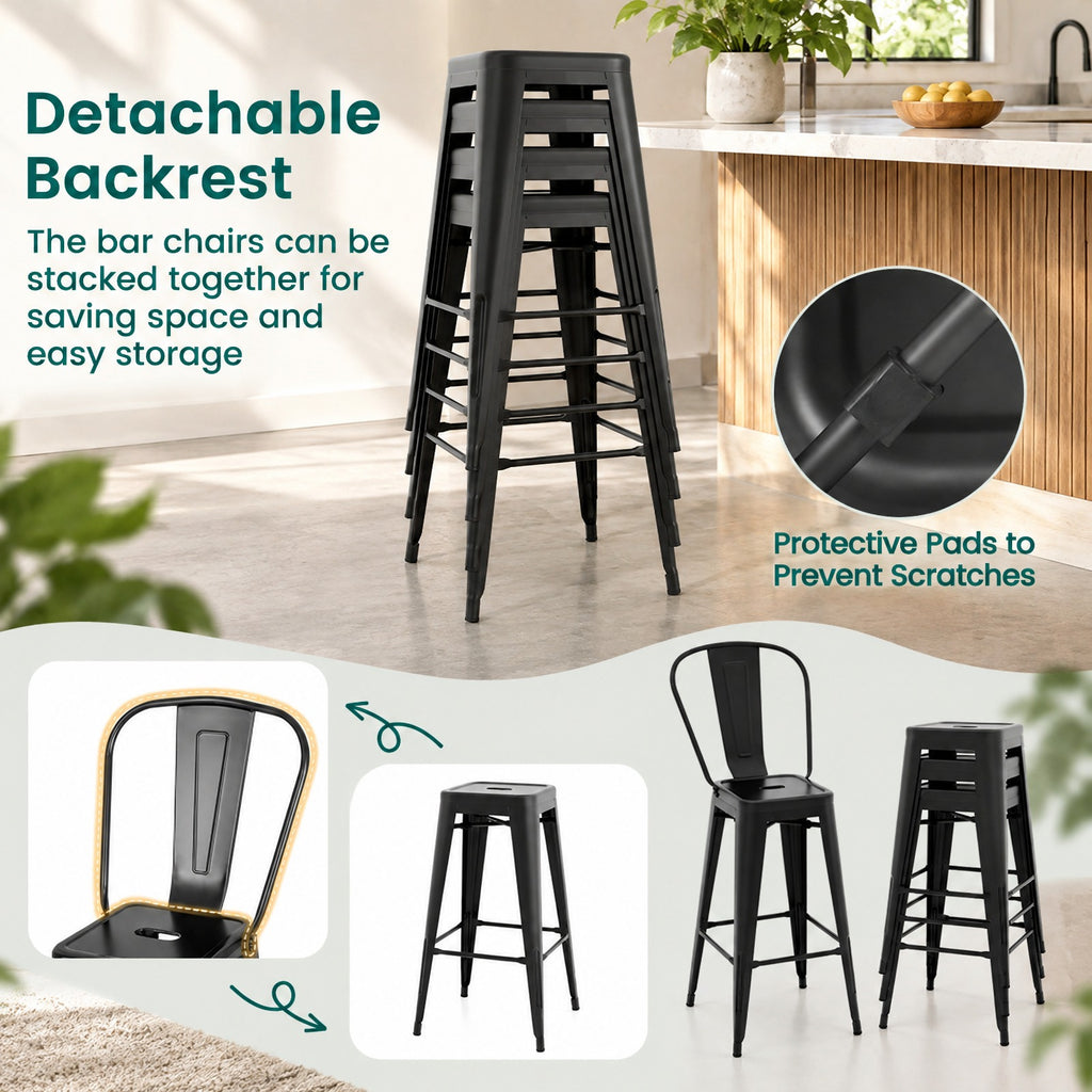 Airfind Set of 4 Bar Height Chairs Stackable Metal Bar Stools with Removable Backrest, Metal Frame, 18 Inch x 20.5 Inch x 46 Inch Footprint, Black