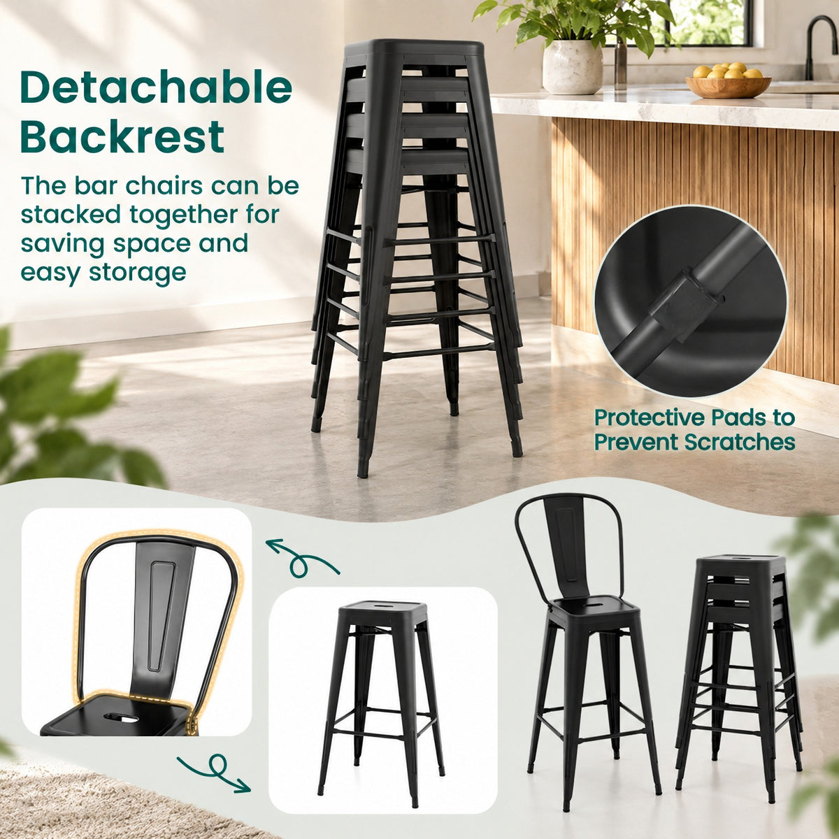 Airfind Set of 4 Bar Height Chairs Stackable Metal Bar Stools with Removable Backrest, Metal Frame, 18 Inch x 20.5 Inch x 46 Inch Footprint, Black