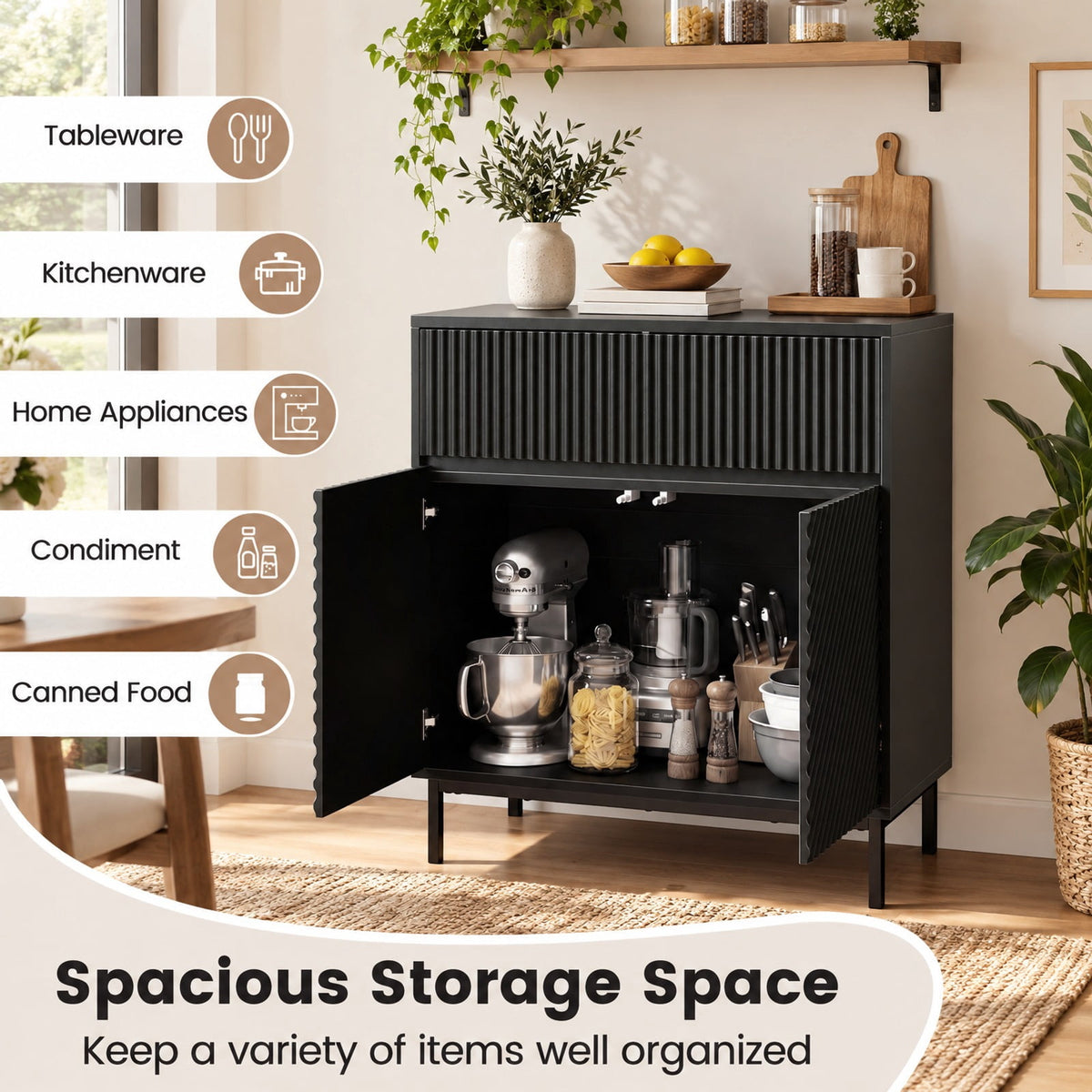 Airfind 32 Wide Buffet Cabinet with 2 Doors and 1 Drawer for Kitchen, 135 lbs Capacity, MDF Engineered Wood Metal Frame, Black