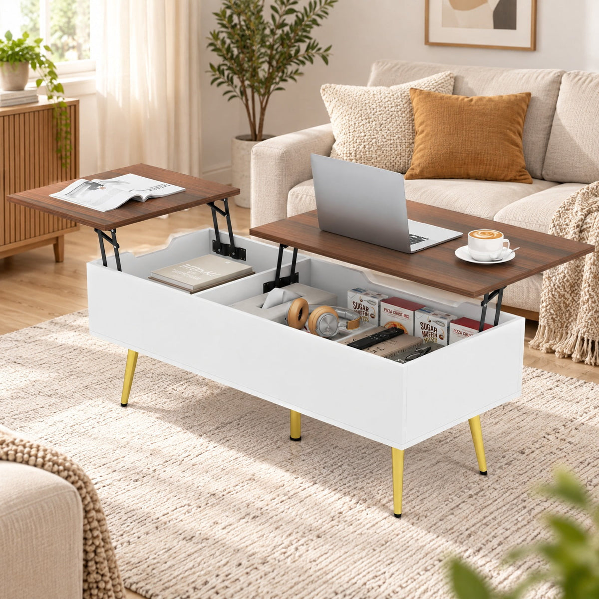 Airfind 47 Inch Lift Top Coffee Table with 2 Hidden Compartments, P2 Engineered Wood Solid Wood Steel Frame, Walnut