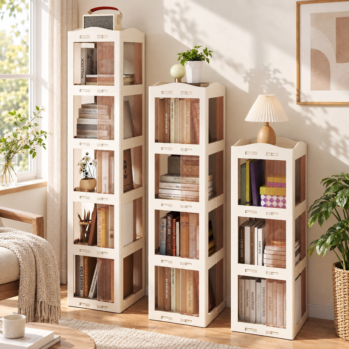 Airfind Bookshelf, 4-Tier Foldable Rotating, with Swivel Base and Translucent Panels, 22 lbs Capacity, PP ABS Frame, 14.5 Inch x 14 Inch x 56 Inch, White