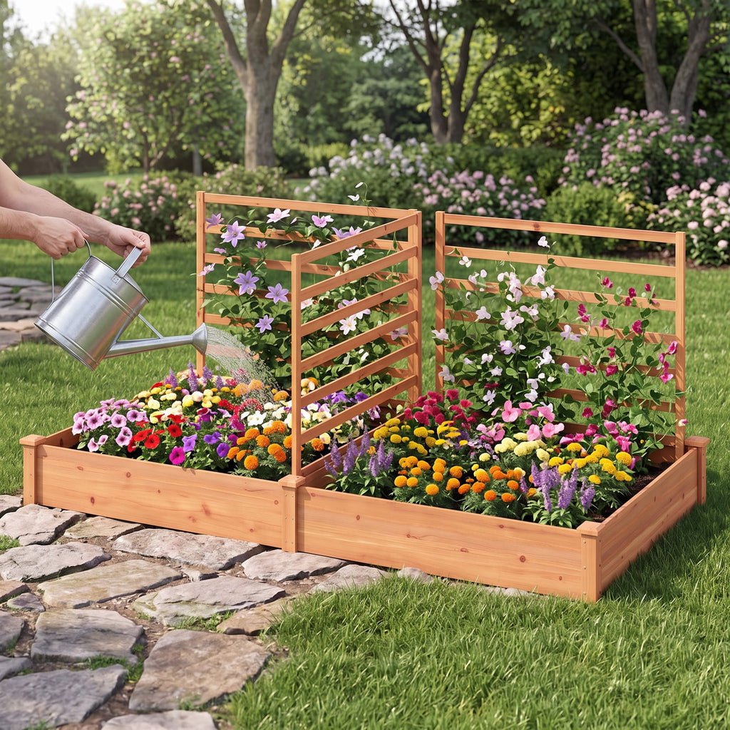 Airfind Raised Garden Bed with 2 Planter Boxes and 3 Trellis, 22 lbs Capacity, Fir Wood Frame, 88 x 45 x 43 (L x W x H) Interior Footprint