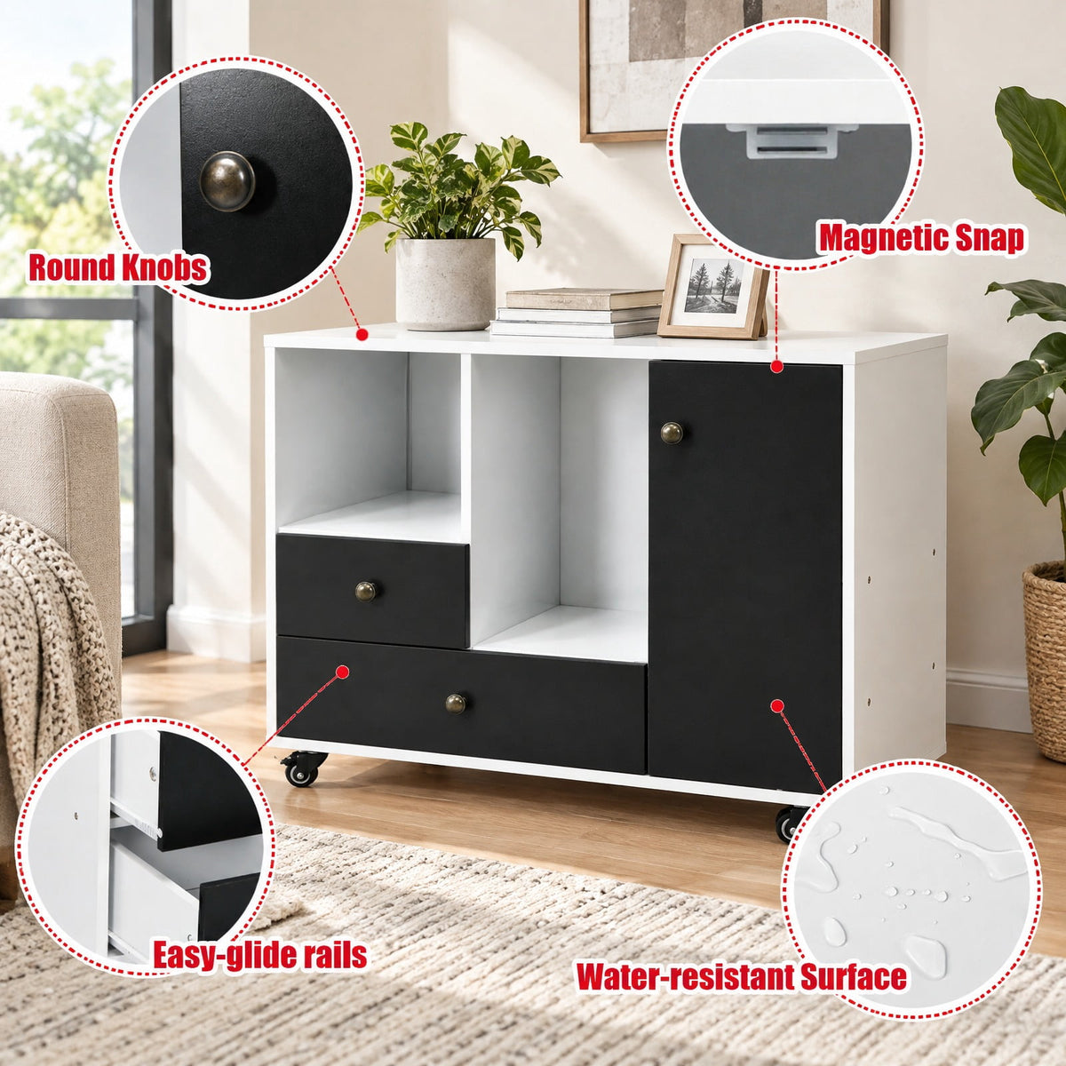 Airfind Lateral Mobile Filing Cabinet with 2 Drawers, Engineered wood Frame, 35.5in x 14in x 27.5in(L x W x H) Big drawer Footprint, Black