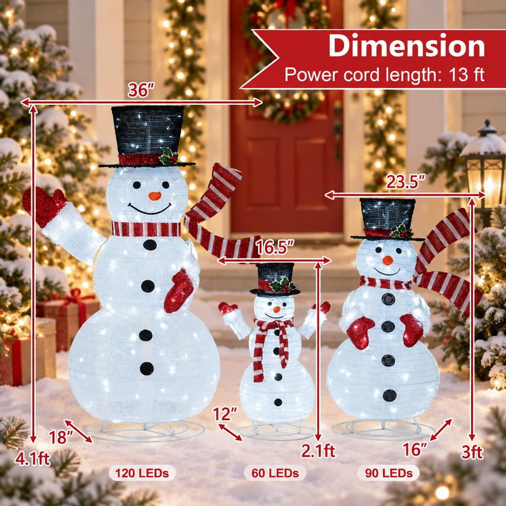 AIRFIND Pre Lit Snowman Decorations Set of 3, 3D Outdoor Christmas Display with Metal Frames and 270 LED Lights, Multi Color