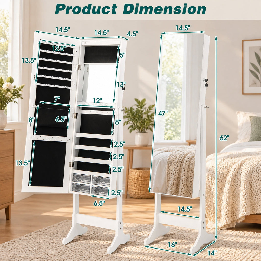 Airfind Free Standing Full Length Jewelry Armoire with LED Lights, P2 MDF Glass Plastic Acrylic Frame, 101in x 72in x 72in Footprint, White