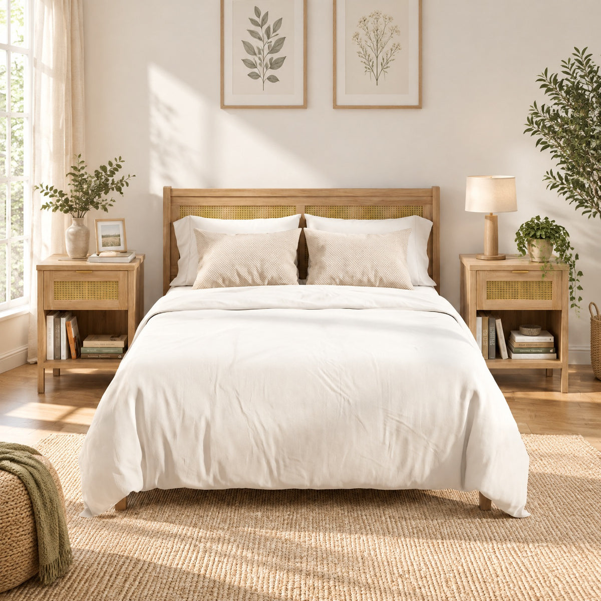 Airfind Rattan Nightstand with Charging Station and Storage Shelf for Bedroom, 88 lbs Capacity, Engineered Wood PVC Rattan Metal Frame, Oak