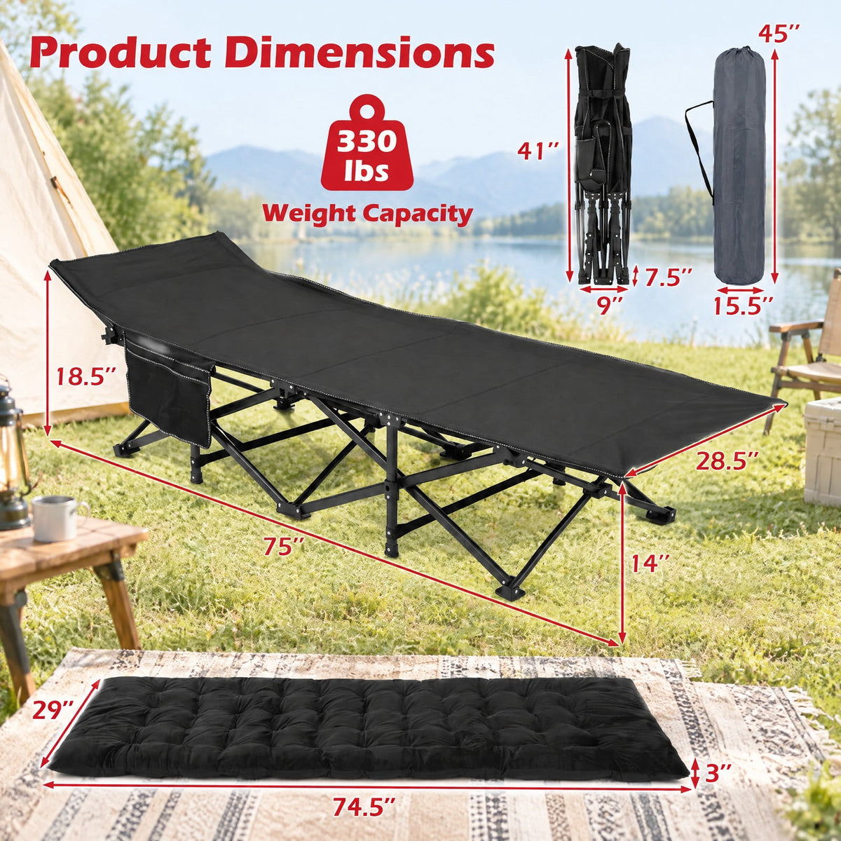 Airfind Camping Cot for Adults with Soft Padded Mat and Carrying Bag, 330 lbs Capacity, 600D Oxford Fabric Metal Crystal Velvet PP Cotton Frame