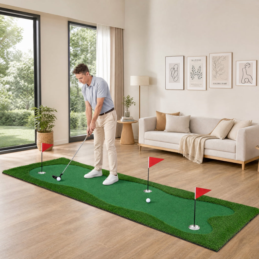 Airfind 10 x 3.3 FT Golf Putting Green with Realistic Artificial Grass Turf, Practice Putting Green Mat with 3 Holes for Indoor Outdoor Backyard