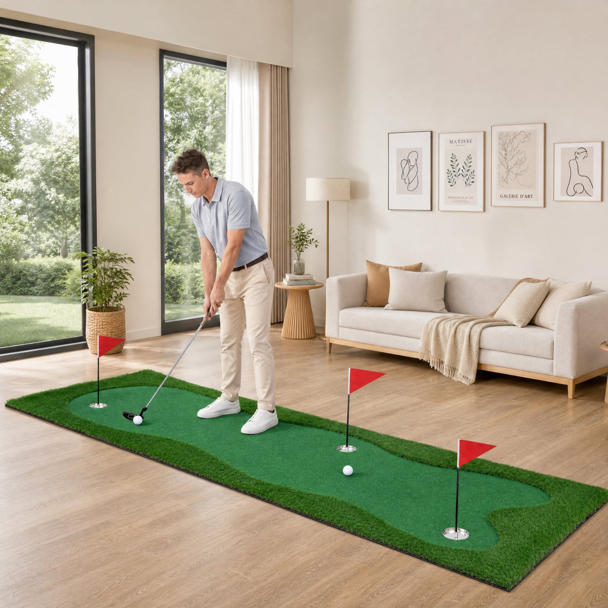 Airfind 10 x 3.3 FT Golf Putting Green with Realistic Artificial Grass Turf, Practice Putting Green Mat with 3 Holes for Indoor Outdoor Backyard