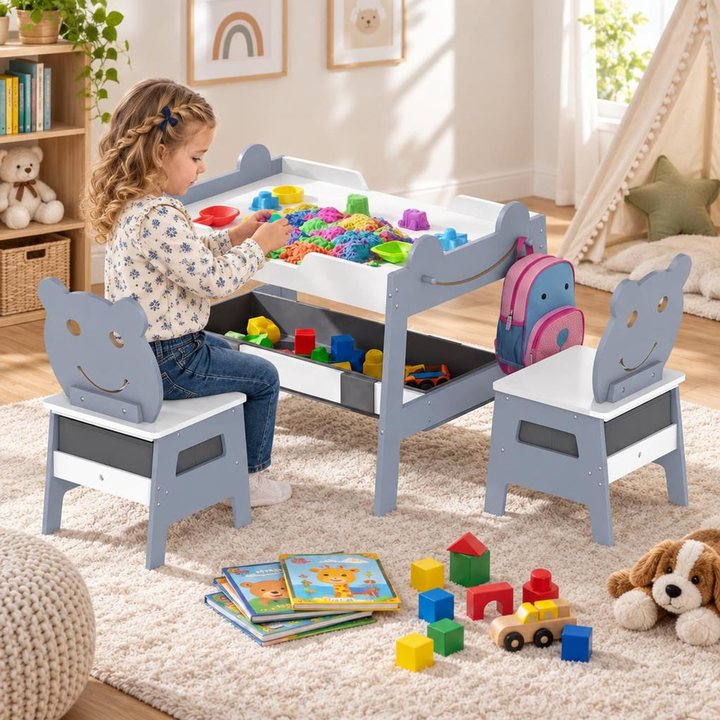 Airfind 5-in-1 Toddler Table and 2 Chairs Cute Art Desk Set with Reversible Chalkboard Whiteboard, 110 lbs Capacity, MDF Non-woven Fabric Frame