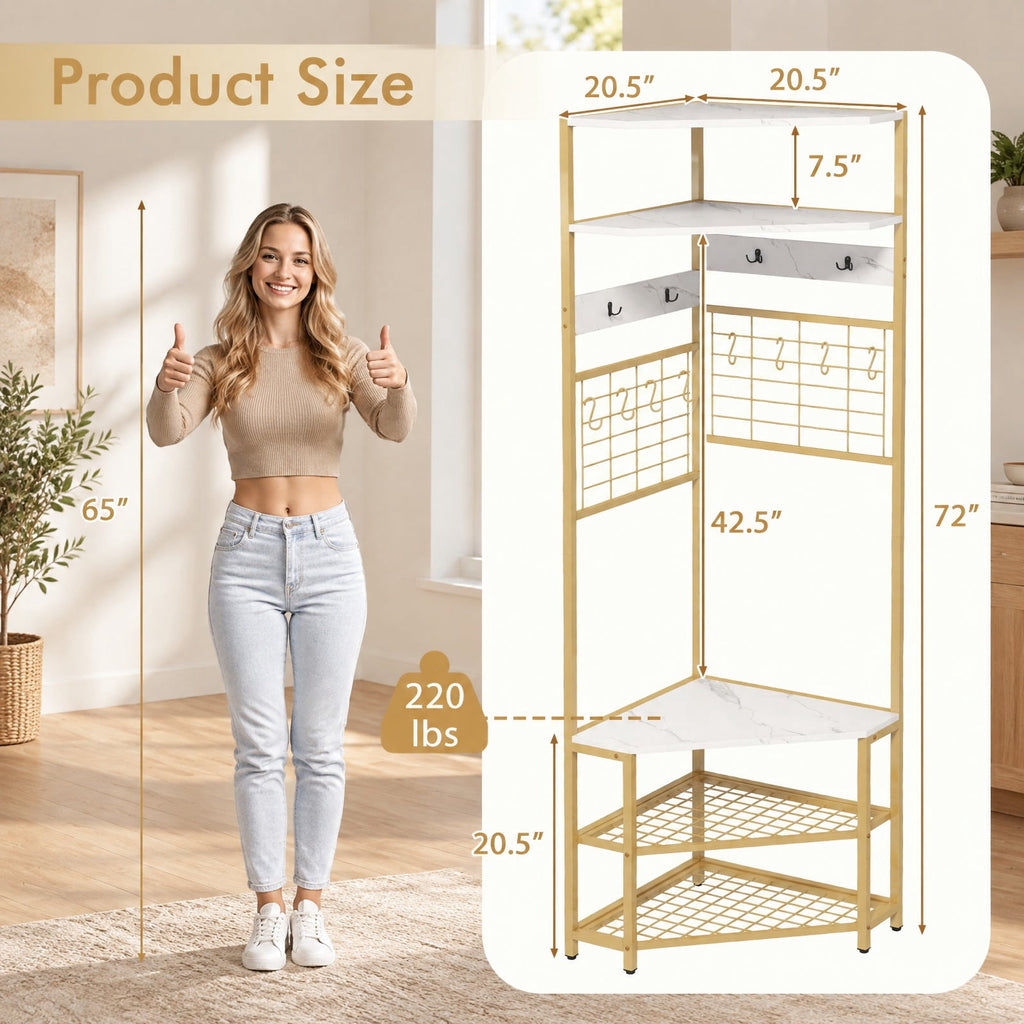Airfind 5-Tier Corner Hall Tree with Shoe Storage Bench, 22 lbs Capacity, Engineered Wood Metal Frame, White