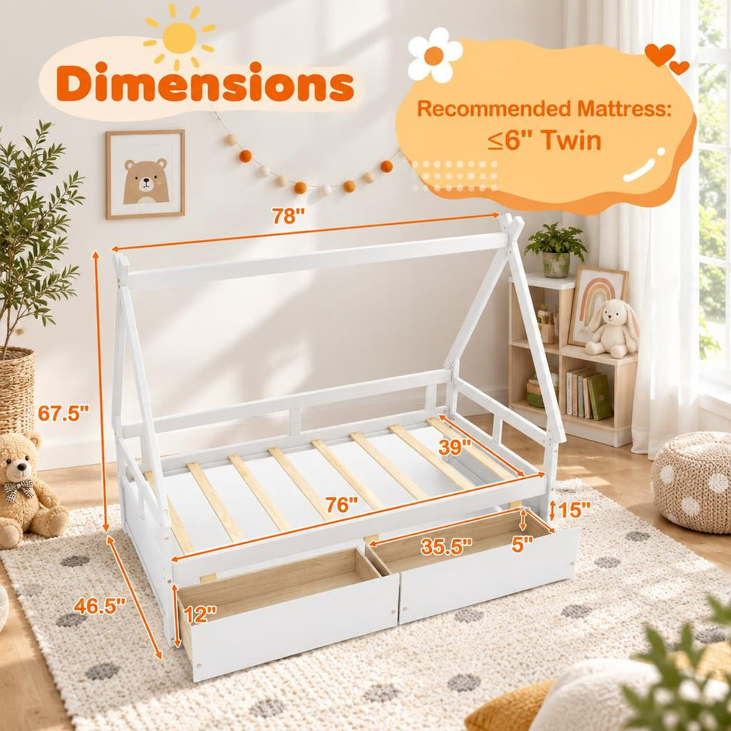 Airfind Twin Size House Bed with Roof and Safety Guardrail, Solid Wood MDF Plywood, Net Weight 83 Lbs for Convenient Everyday Use, White