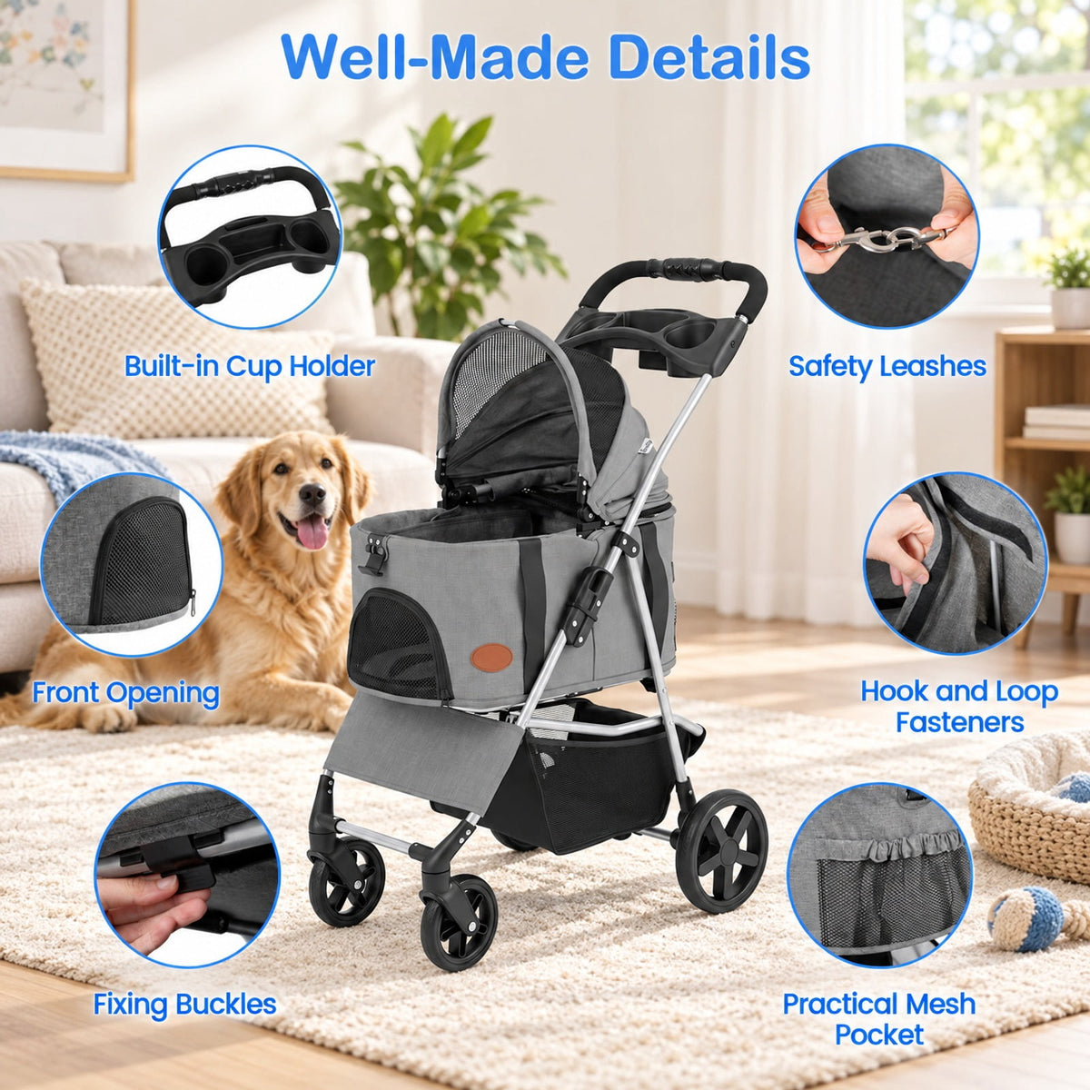 Airfind 3-in-1 Pet Stroller for Small Medium Dogs Foldable with Detachable Carrier, 26.5 lbs Capacity, 18.5in x 28.5in x 39.5in Footprint, Grey