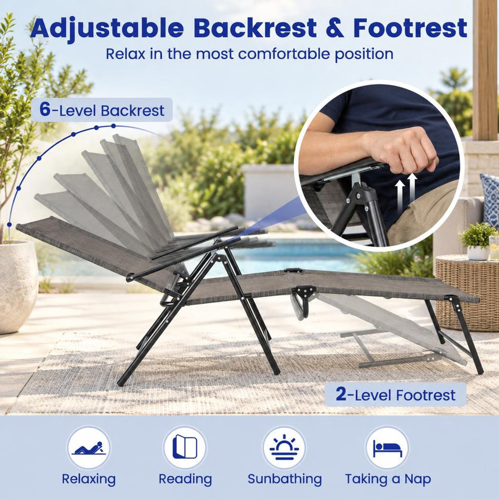 Airfind 2 Piece Patio Folding Chaise Lounge Chairs Recliner with 6-Level Backrest, 61-74.5 x 25 x 25.5-40Folding Footprint, Coffee