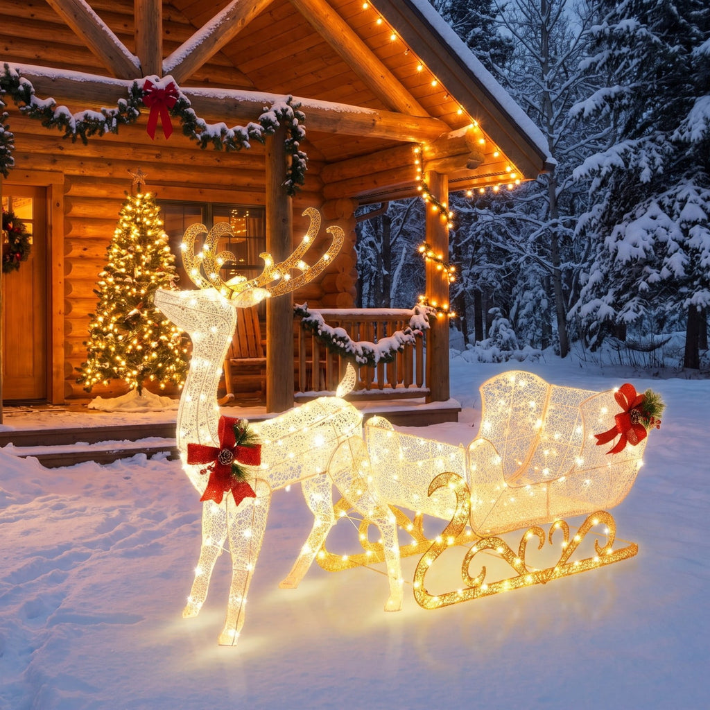Airfind 6 Feet Christmas Lighted Reindeer and Santas Sleigh Decoration with 4 Stakes, Steel tinsel Frame, 19.5 x 72.5 x 48.5 Footprint