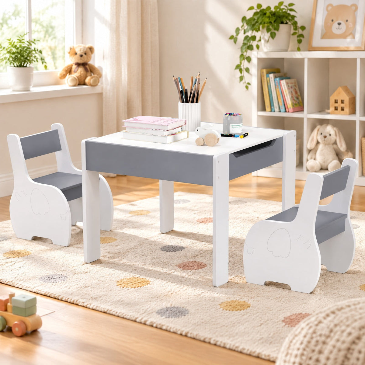 Airfind 4-in-1 Wooden Activity Kids Table and Chairs with Storage and Detachable Blackboard, 66 lbs Capacity, MDF Frame, for 3-6 Years old, Gray