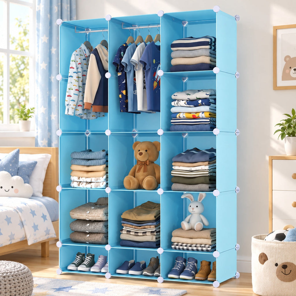 Airfind Modular Baby Wardrobe with 13 Cubes and Hanging Rod and Shelves Stackable, 6.5 lbs Capacity, PP Frame, 43 x 14 x 63 Footprint, Blue
