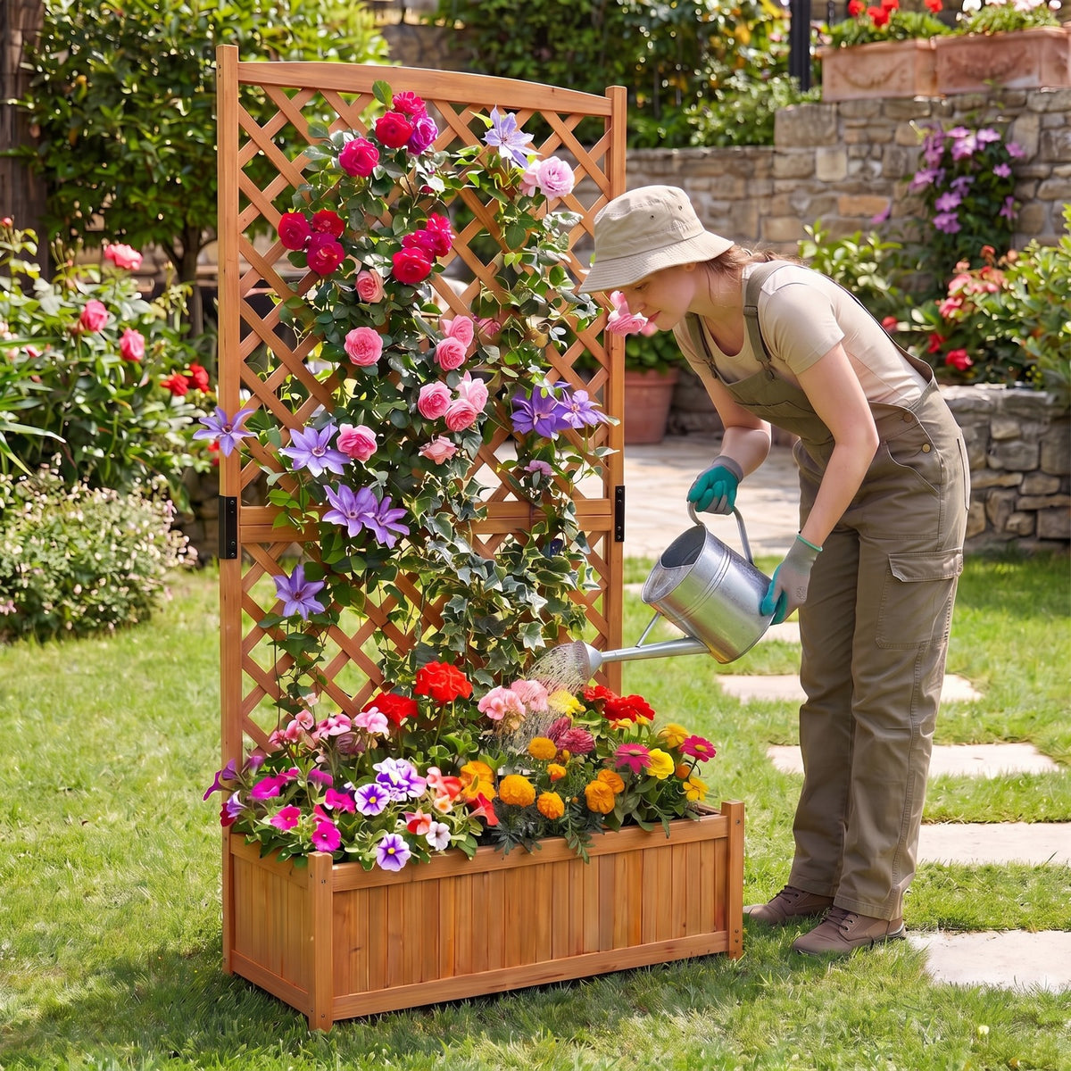Airfind Planter Raised Bed with Trellis for Plant Flower Climbing, 66 lbs Capacity, Fir wood metal Frame, Orange