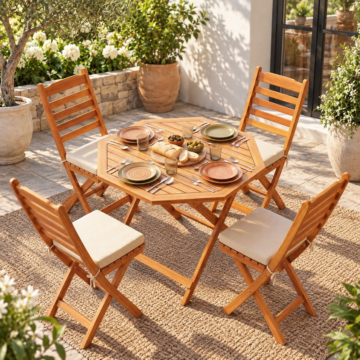 Airfind Acacia Wood Outdoor Folding Dining Table for 4 Octagonal with Slatted Tabletop, 37.5 Inch x 37.5 Inch x 29.5 Inch Folding Footprint, Wood