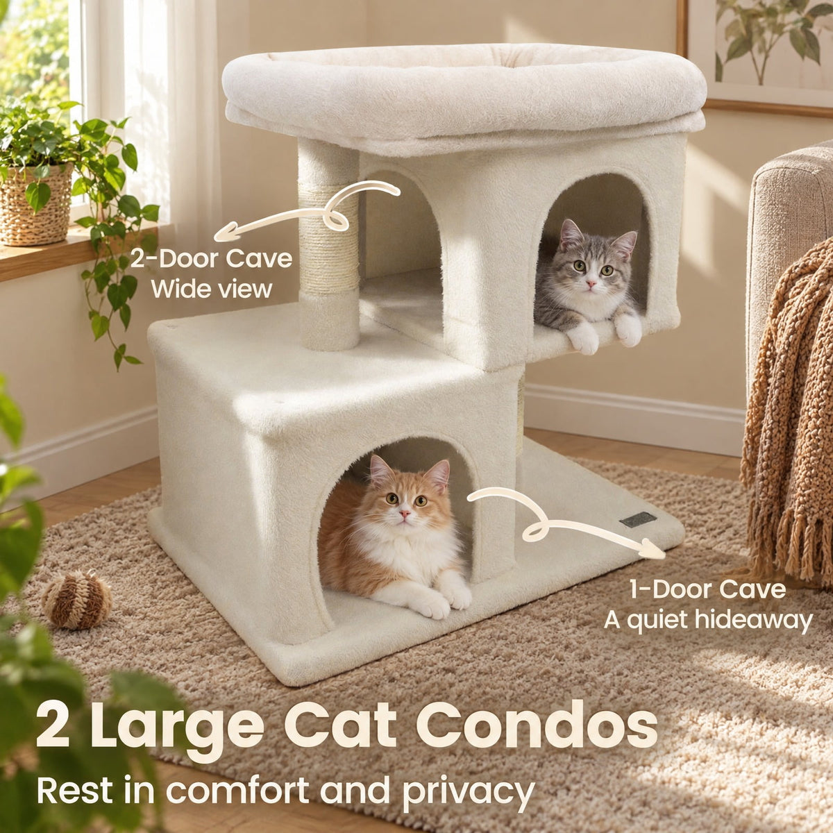 Airfind Modern Cat Tree Space-saving Cat Tower with Upholstered Perch and 2 Cat Condos, 22 lbs Capacity, 24 x 16 x 25.5 Condo Footprint, Beige