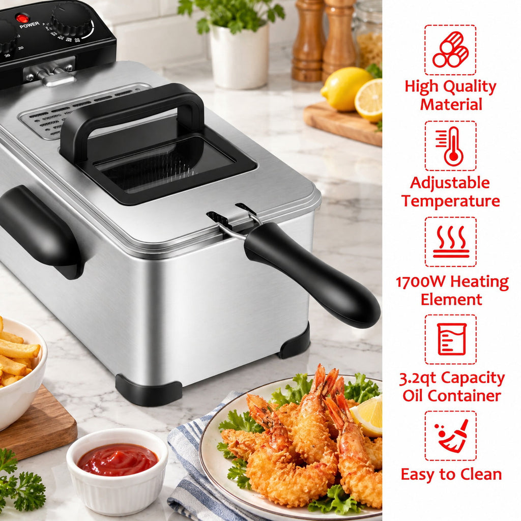 Airfind 3.2 Quart Electric Stainless Steel Deep Fryer featuring Timer, Stainless Steel Iron Frame, 21.5 Inch x 9.5 Inch x 8.5 Inch Footprint, Silver