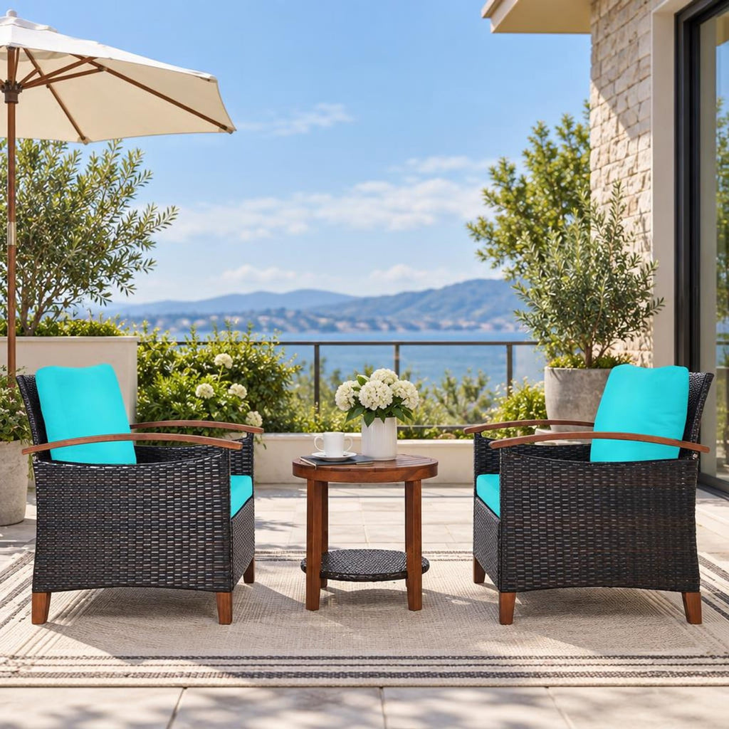 Airfind 3 Pieces Patio Rattan Furniture Set with Washable Cushion and Acacia Wood Tabletop, 360 lbs Capacity, 26 x 27.5 x 31 Footprint, Turquoise