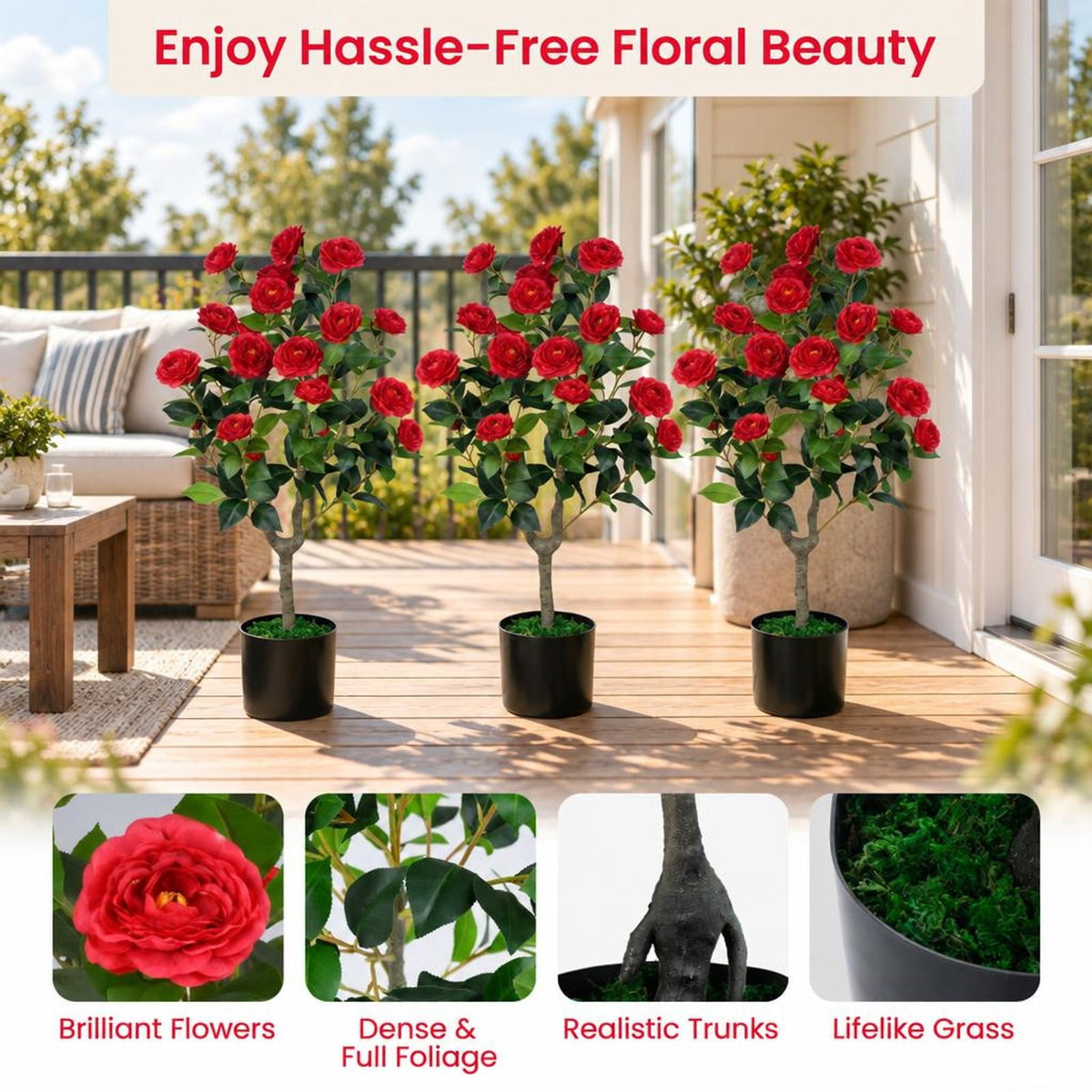 Airfind Artificial Camellia Tree, 2-Pack, Faux Flower Plant in Cement-Filled Pot, offers excellent stability and balance, Red