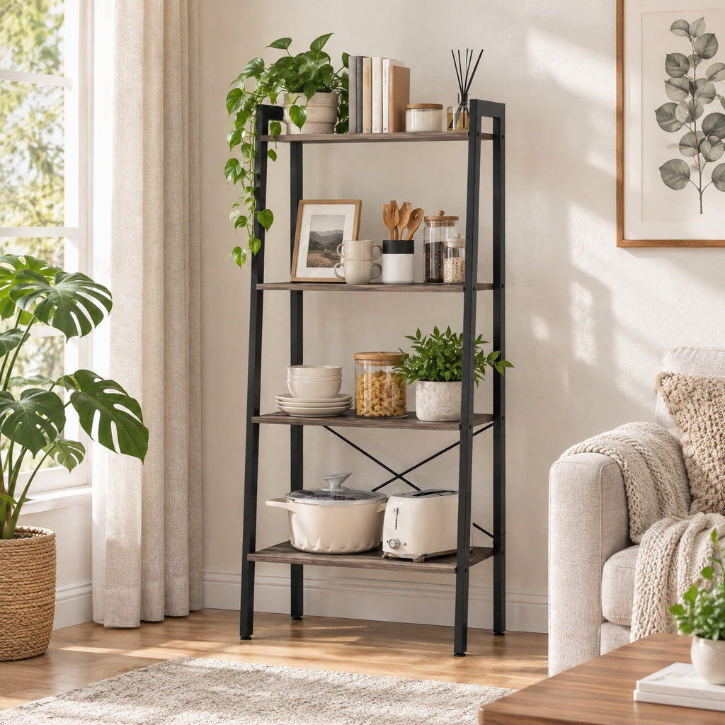 Airfind 4-Tier Bookshelf with Metal Frame and Adjustable Foot Pads, 200 lbs Capacity, Metal Engineered Wood Frame, Grey Oak