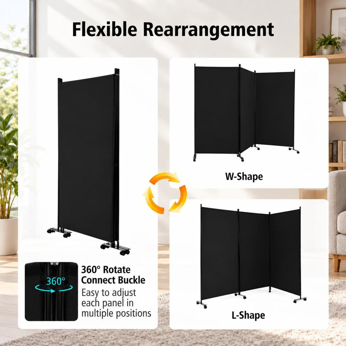 Airfind 3 Panel Folding Room Divider with Lockable Wheels, Metal Polyester Fabric Tiled Frame, 103 x 12 x 71 Footprint, Black