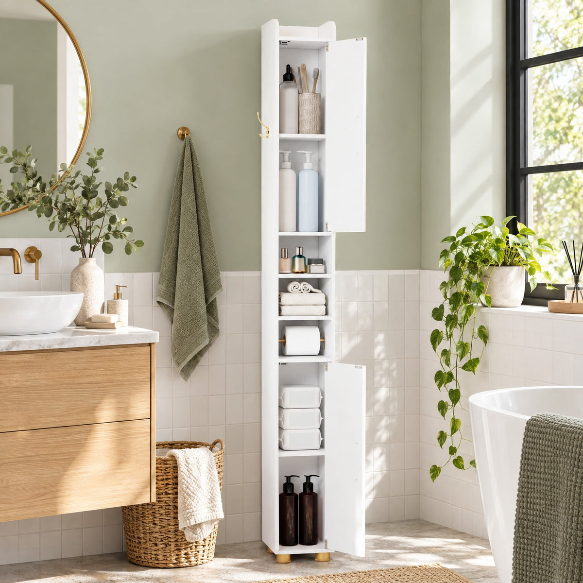 Airfind Narrow Bathroom Storage Cabinet featuring Open Shelves and Toilet Paper Holder, 11 lbs Capacity, Engineered Wood Metal Plastic Frame, White