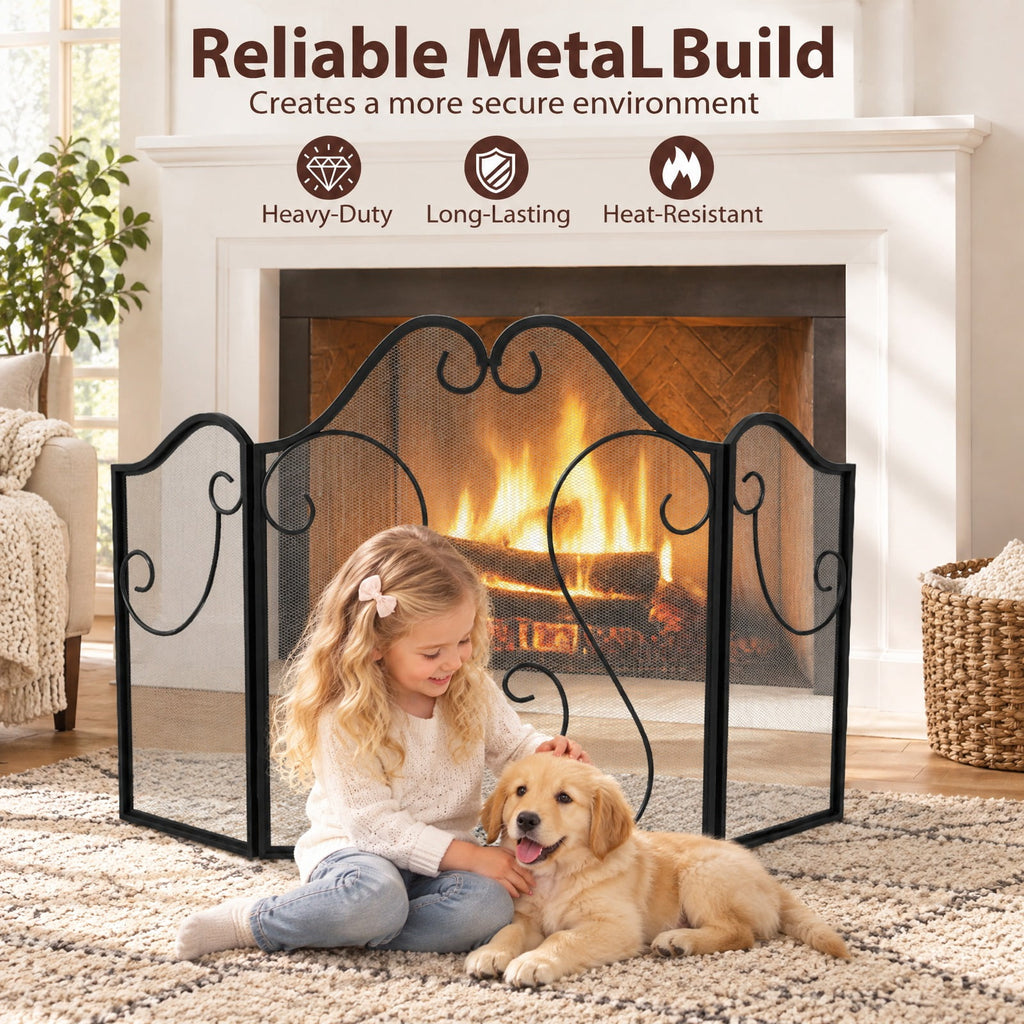 Airfind 3 Panel Fireplace Screen Foldable Spark Guard Cover with Decorative Scroll, Metal Frame, 40 × 24 Footprint, Black