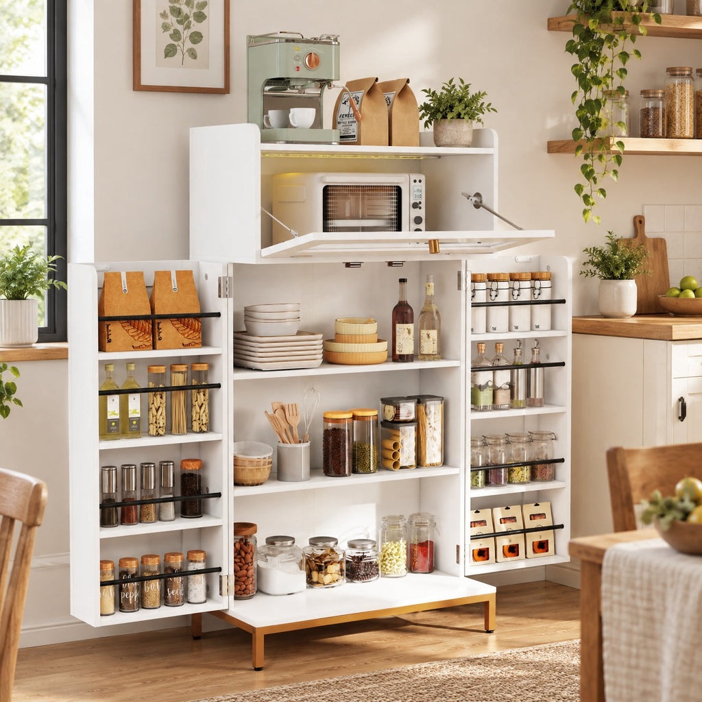 Airfind Kitchen Pantry Cabinet Freestanding Food Storage Cupboard, 70 lbs Capacity, MDF Metal Acrylic Frame, 23.5in x 12in x 43.5in Footprint, White