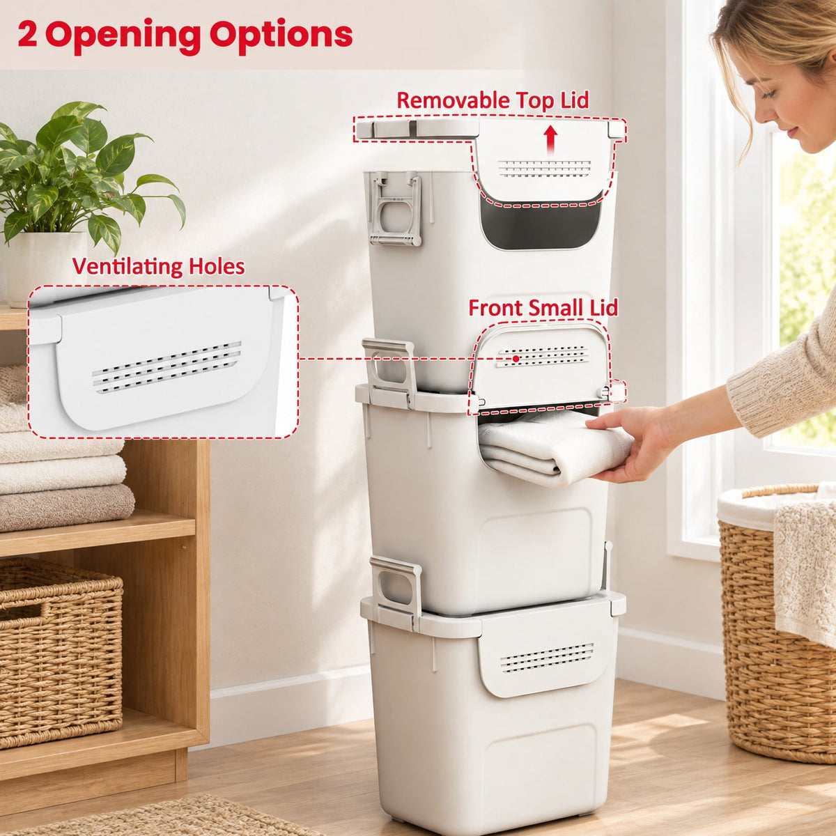 Airfind 3 Pieces Plastic Storage Bins Stackable with Front Door and Side Handles, 18 lbs Capacity, PP Frame, White