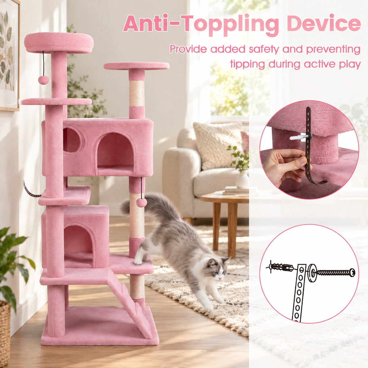Airfind 52 Inch Tall Cat Tree Tower for Indoor Cats, 22 lbs Capacity, Engineered Wood Sponge Plush Fabric Sisal Frame, Pink