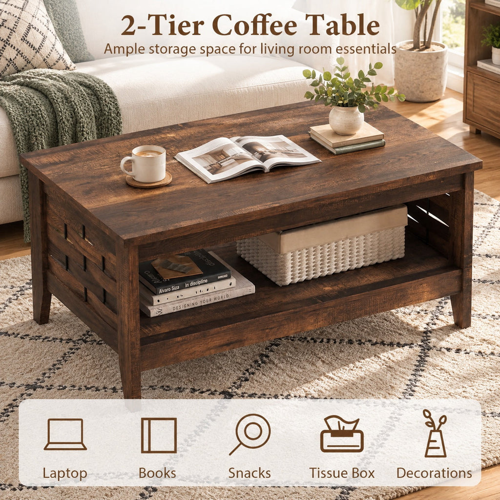 Airfind 2-Tier Farmhouse Coffee Table with Open Shelf and Woven Decorations for Living Room, 135 lbs Capacity, Engineered Wood MDF Frame, Coffee