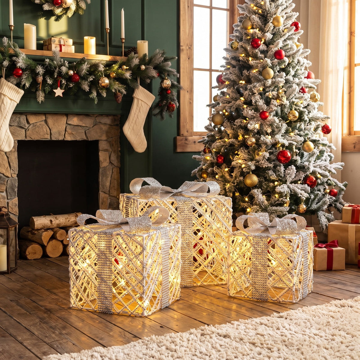 Airfind 3 Pack Christmas Lighted Gift Box with 50 LED Lights and Detachable Bows, PVC Metal Frame, 10in x 10in x 9in Footprint, White