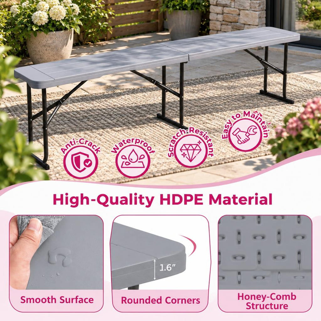 Airfind 6 Feet Plastic Folding Bench Picnic Camping Dining Seat with Carrying Handle, 660 lbs Capacity, Metal HDPE Frame, 72 x 11 x 17 Footprint
