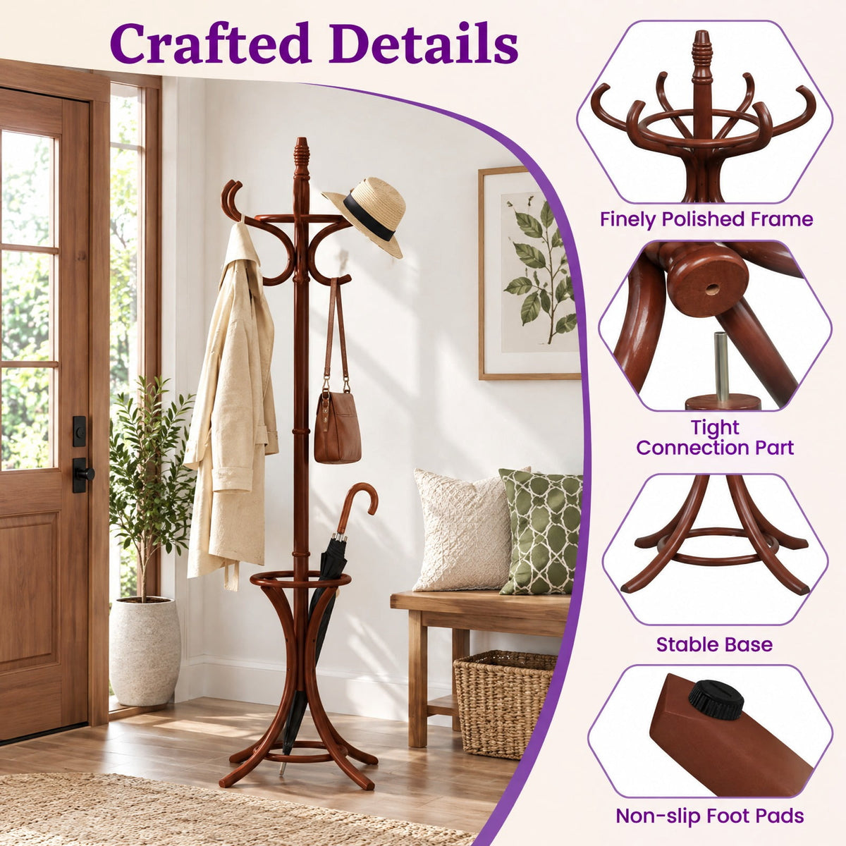Airfind Wood Standing Hat Coat Rack with Umbrella Stand, 22 lbs Capacity, 16in x 16in x 73in Footprint, Brown
