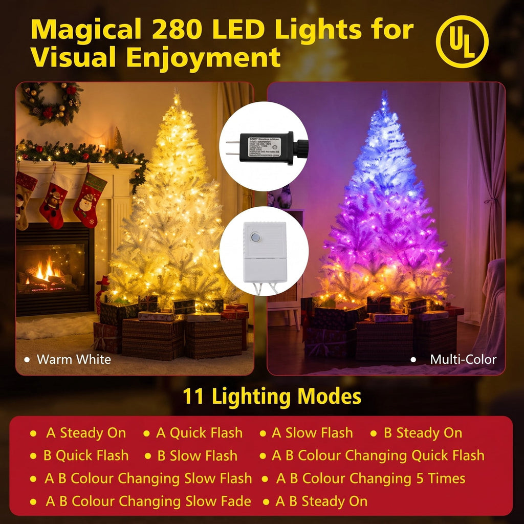 Airfind 6 Feet Artificial Christmas Tree Hinged Pre-Lit Xmas Tree with 11 Lighting Modes, White, Diameter of Stand 18 Inch /22 Inch