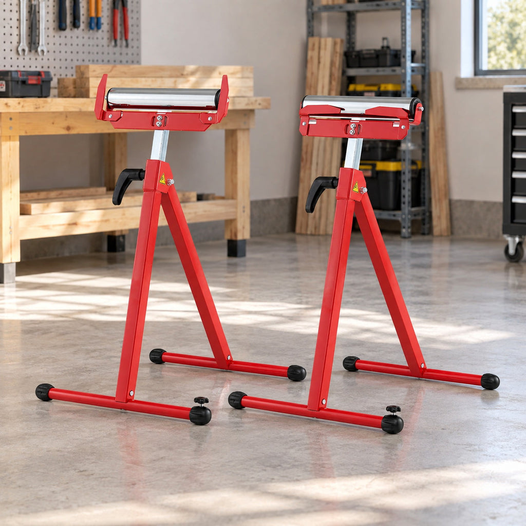 Airfind 2-Pack Folding Roller Stands Portable Outfeed Supports with Adjustable Height, 250 lbs Capacity, Metal ABS PE PP Frame, Red