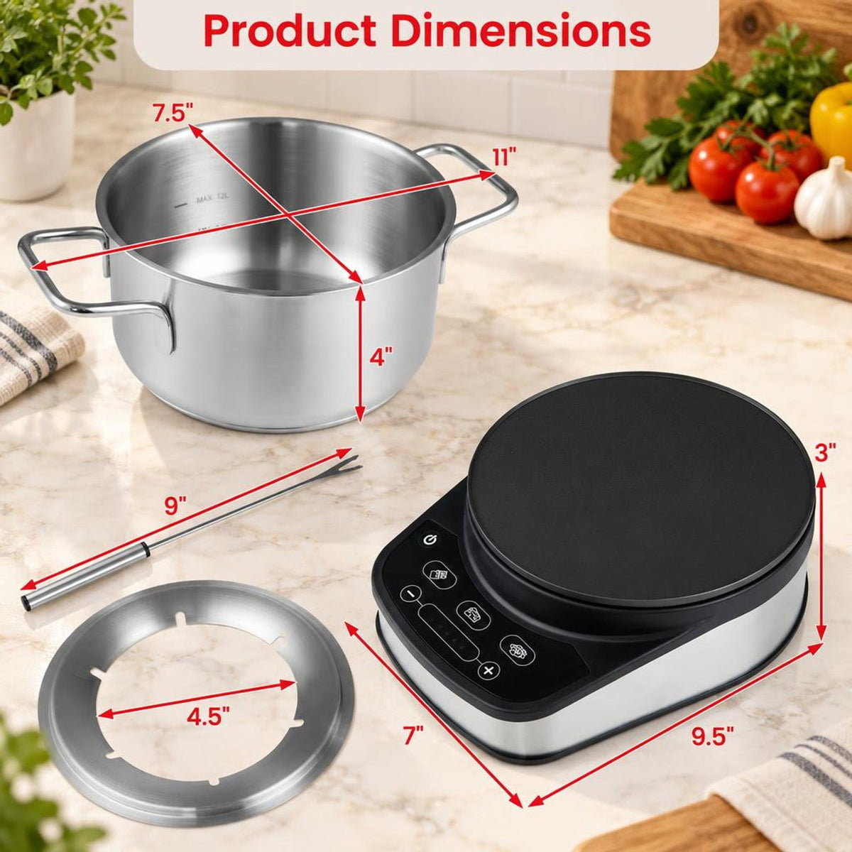 Airfind 1200W Electric Fondue Pot Set with 3.2 QT Removable Pot 6 Color, Stainless Steel PBT Frame, 9.5 × 7 × 3 Footprint, Silver + Black