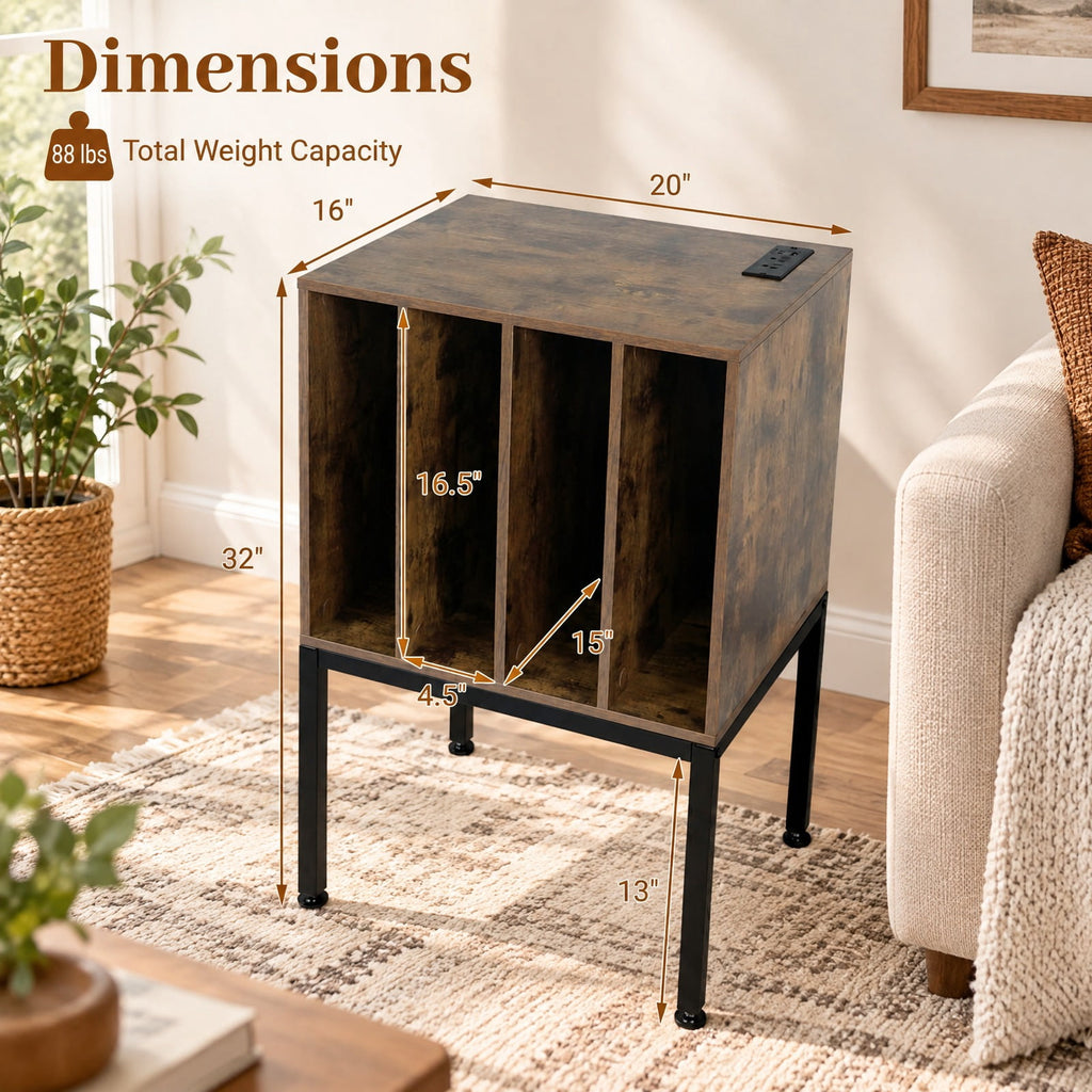 AIRFIND Record Player Stand with Power Outlets, USB and Type-C Ports, Divided Vinyl Storage and Metal Legs, 20 inch Turntable Table, Rustic Brown
