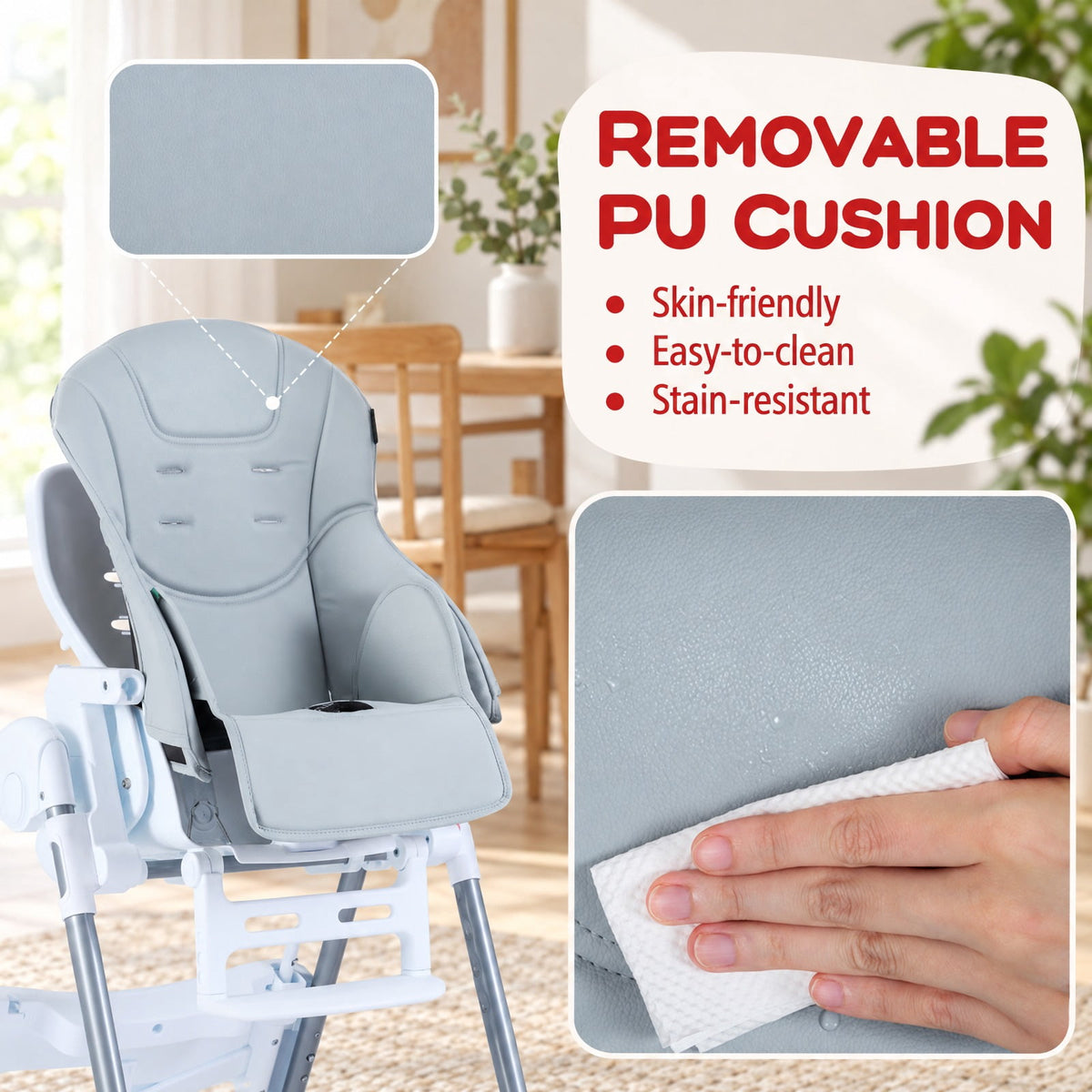 Airfind Foldable Baby High Chair with Adjustable Height and Relining Seat, 15 kg Capacity, Metal PP PU Frame, for 6-36 Months, Light Gray