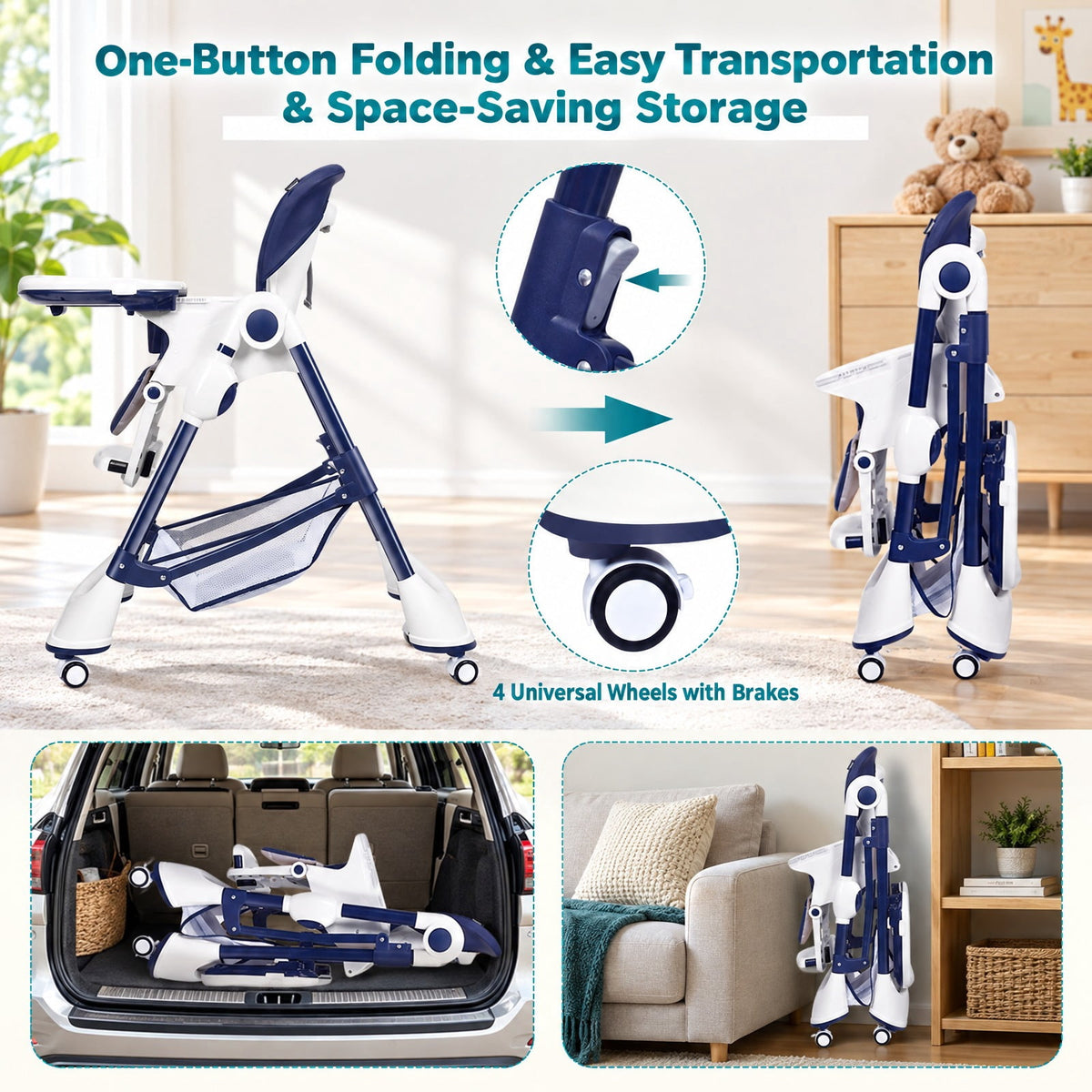 Airfind A-Shaped High Chair with 4 Lockable Wheels, 50 lbs Capacity, Iron Frame, for 0-36 months, 22 x 26 x 32 Footprint, Navy