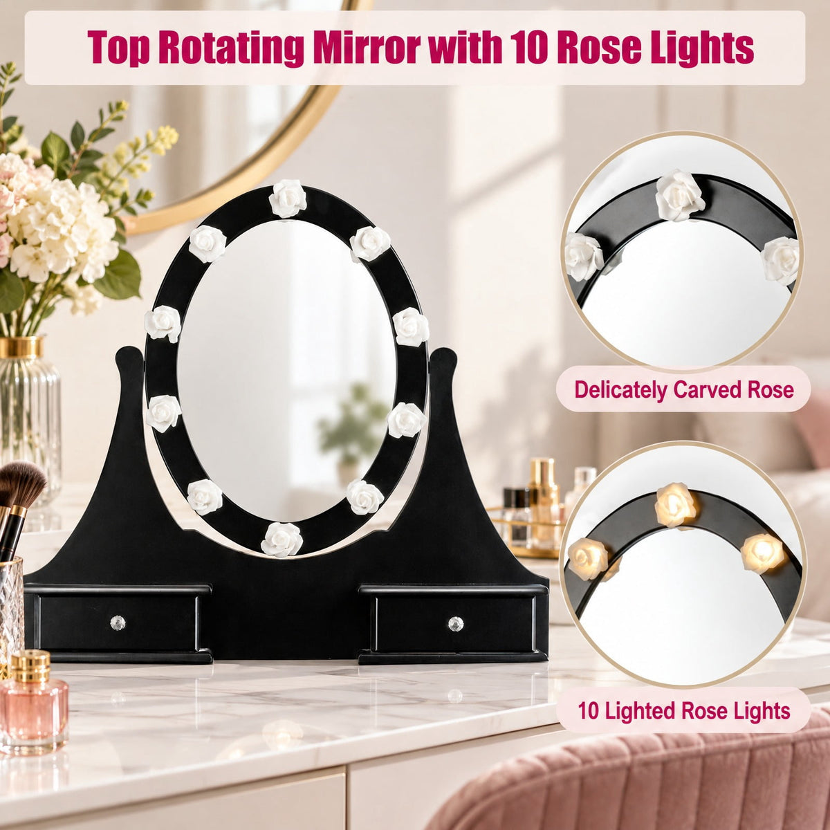 Airfind 3 Drawers Lighted Mirror Vanity Dressing Table Stool Set, Pine PE plastic MDF Frame, 30 Inch x 16 Inch x 55 Inch (L x W x H) The Footprint, Black