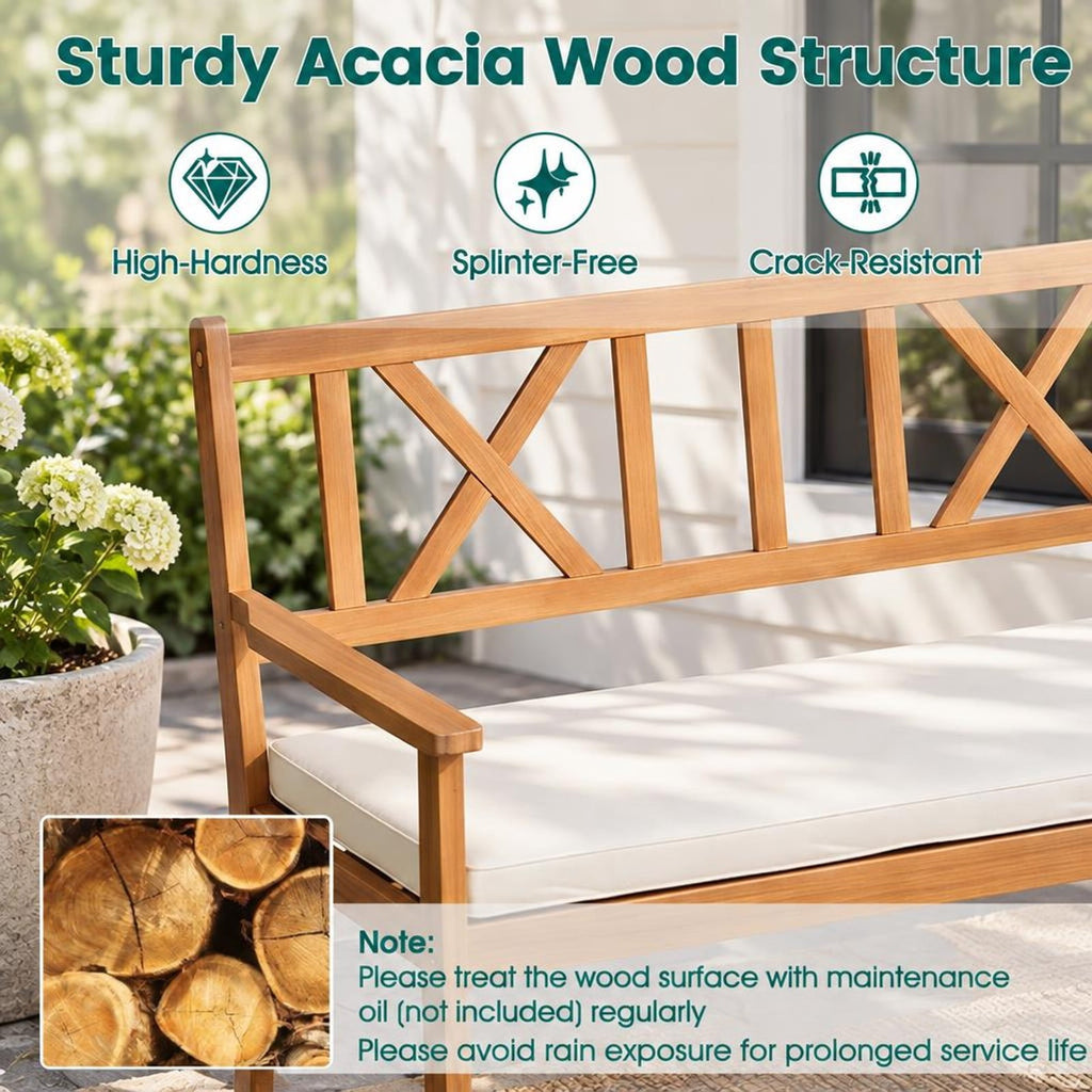AIRFIND Patio Bench for Two with Acacia Wood Frame, X-Pattern Backrest and Removable Seat Cushion, 47 in Garden Seating, Natural and White