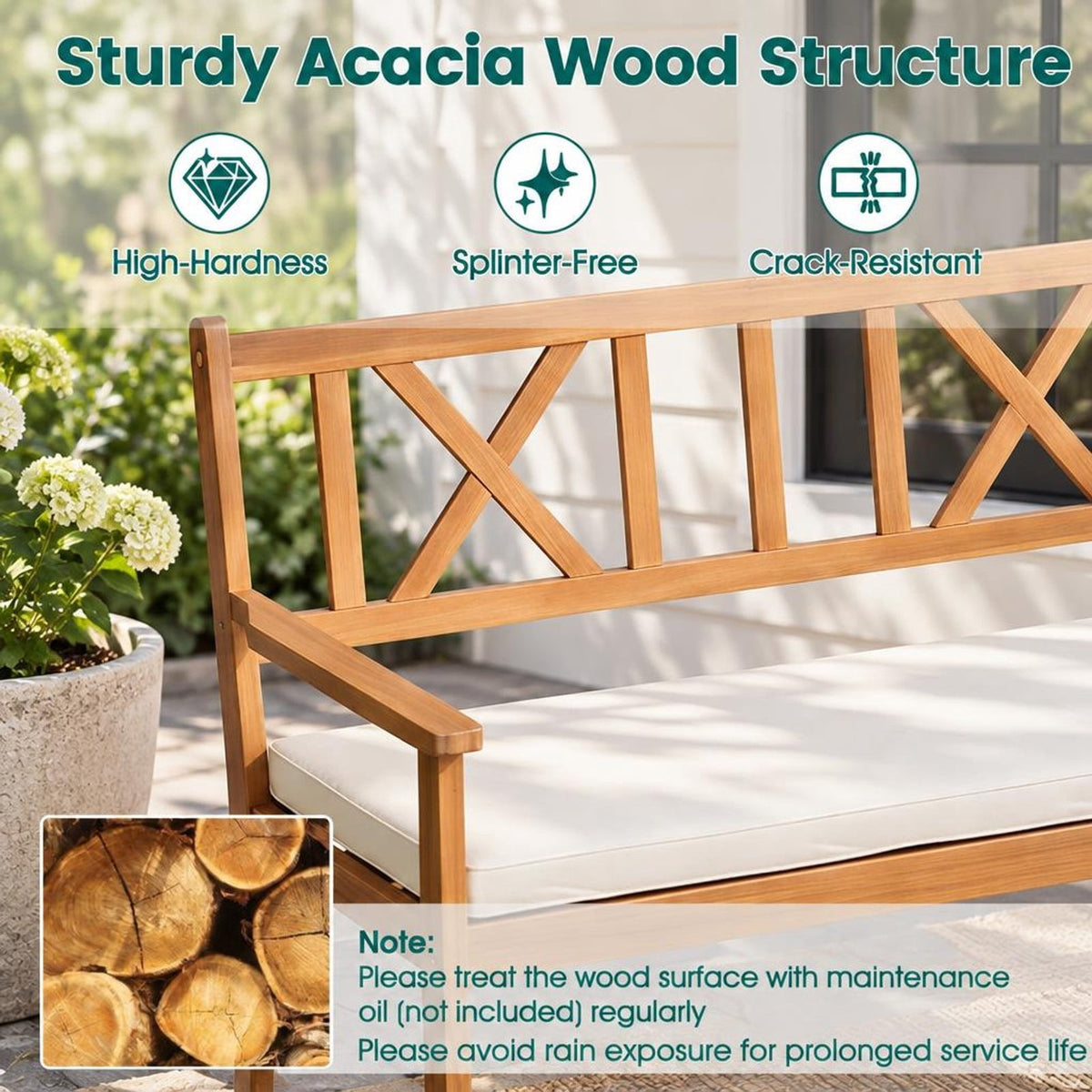AIRFIND Patio Bench for Two with Acacia Wood Frame, X-Pattern Backrest and Removable Seat Cushion, 47 in Garden Seating, Natural and White